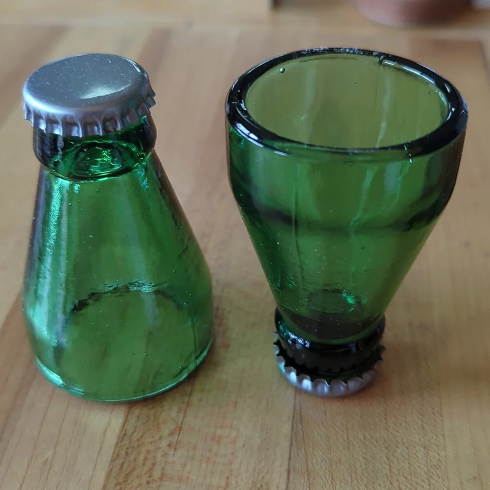 Shot glasses, set of two vintage green bottle top shot glasses